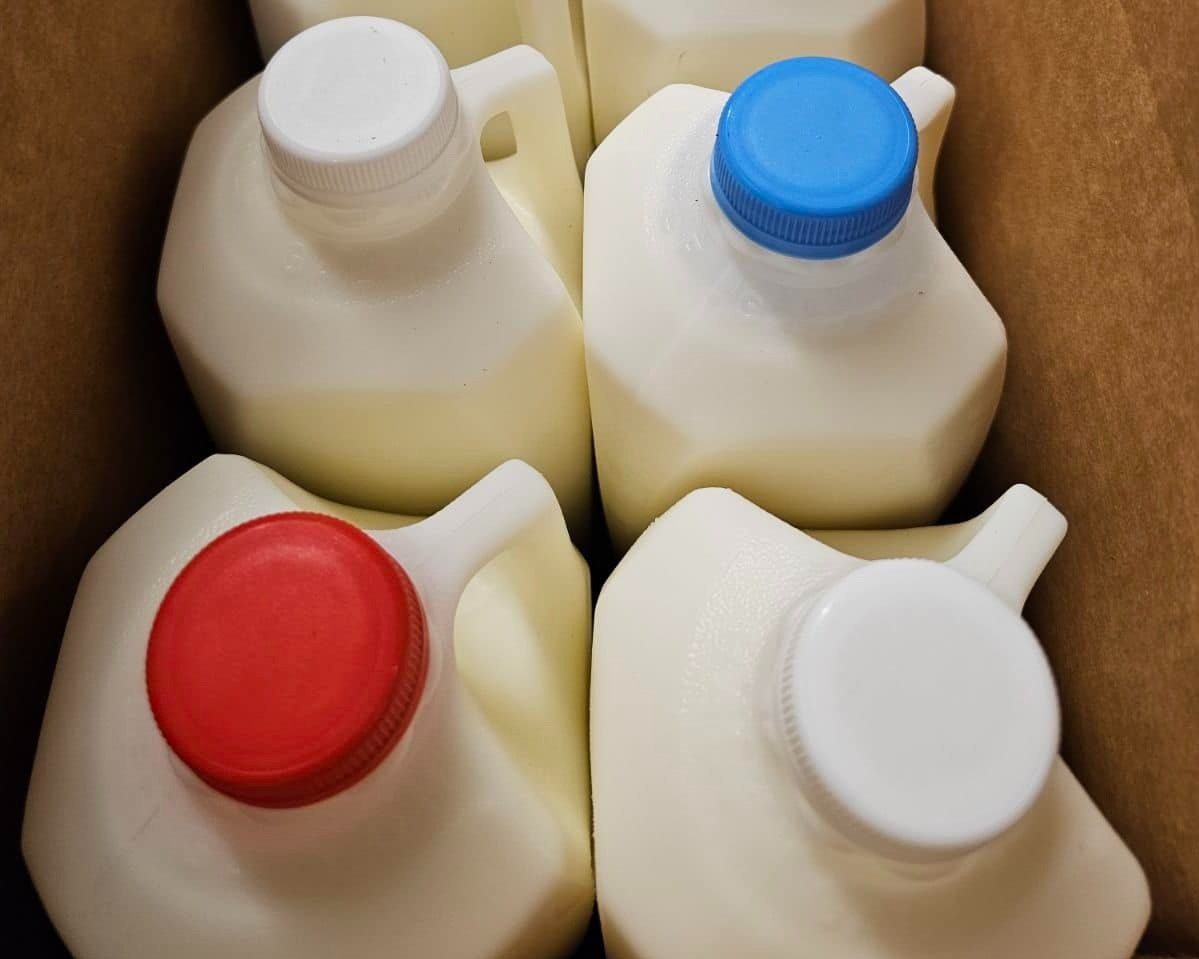 Six milk jugs in a cardboard box, featuring red, blue, and white caps, showcasing different types of milk for grocery or delivery purposes.