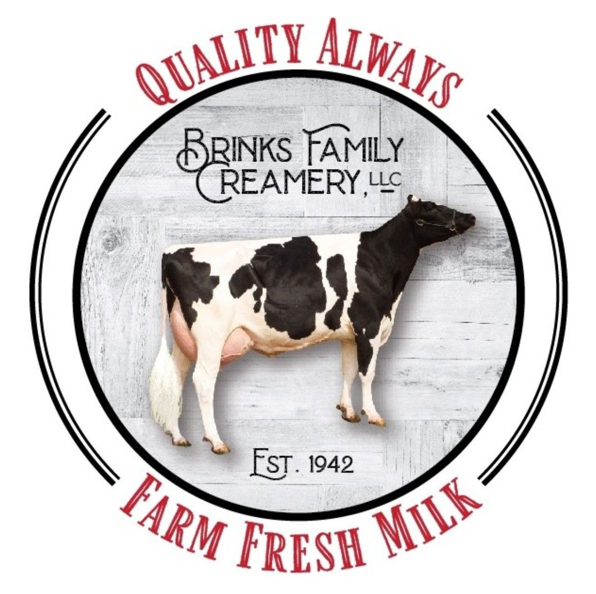 Brinks Family Creamery logo featuring a black and white dairy cow, emphasizing quality and farm-fresh milk, established in 1942.